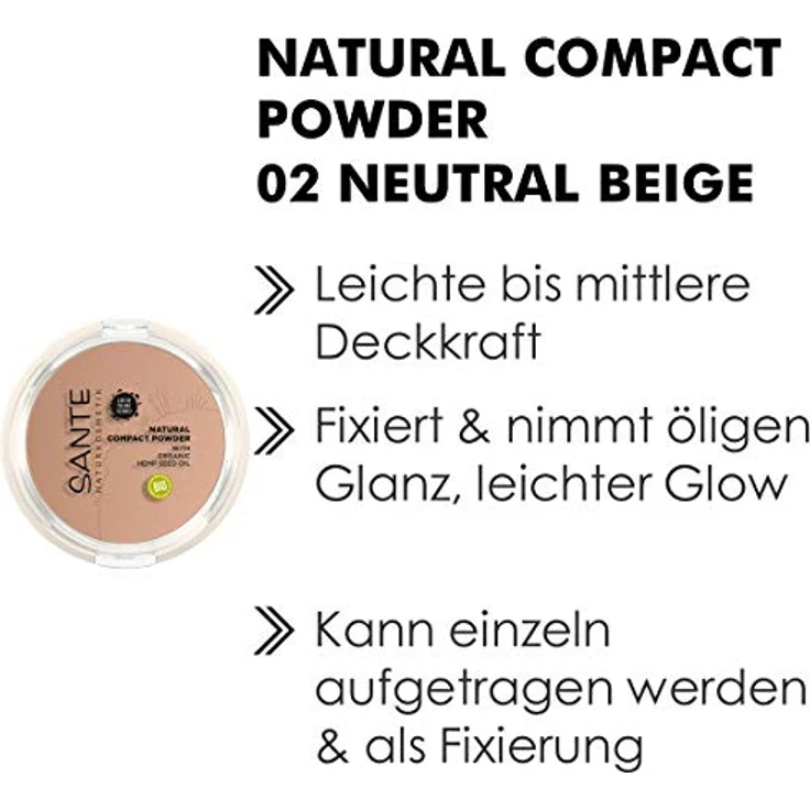 SANTE Naturkosmetik Natural Compact Powder 02 Neutral Beige, ideal für helle bis mittlere Hauttöne, mattiert und fixiert langanhaltend, für einen natürlichen Glow, mit Bio-Hanfsamenöl, Vegan, 9g – Bild 4