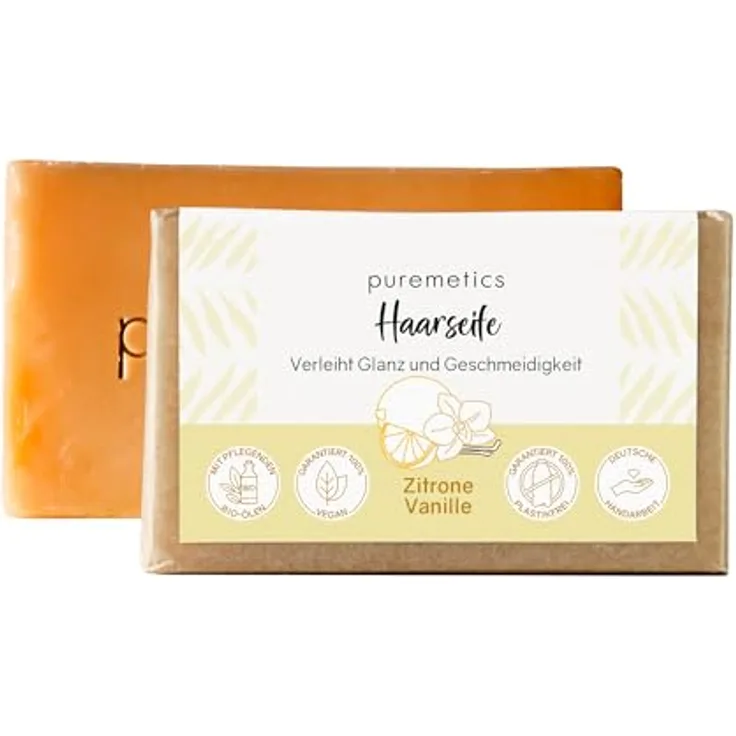 Puremetics Haarseife Zitrone-Vanille, 75g, veganes Shampoo mit Bio-Ölen und 7% Überfettung, orange