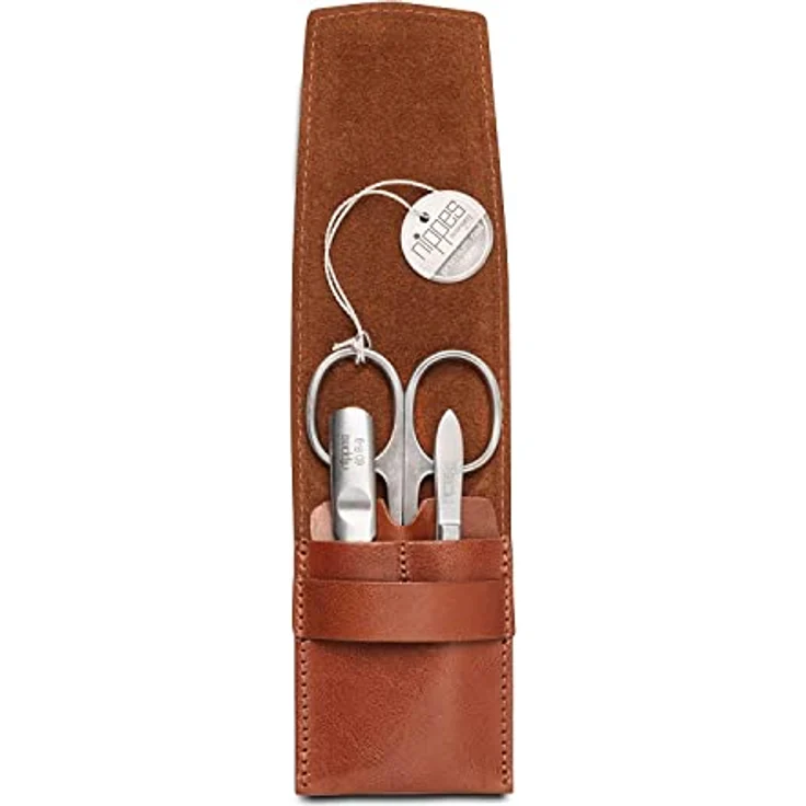 Nippes Whiskey Taschen-Maniküre-Set braun, inkl. Kombinierte Haut- und Nagelschere, Saphirfeile & Pinzette, aus rostfreiem Stahl, Rindleder-Etui – Bild 3