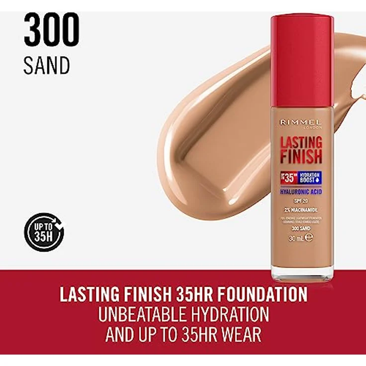 Rimmel London Lasting Finish 35 Hour, 300 Sand Foundation, langanhaltend, feuchtigkeitsspendend, vegane Formel, volle Deckkraft, 30 ml – Bild 2