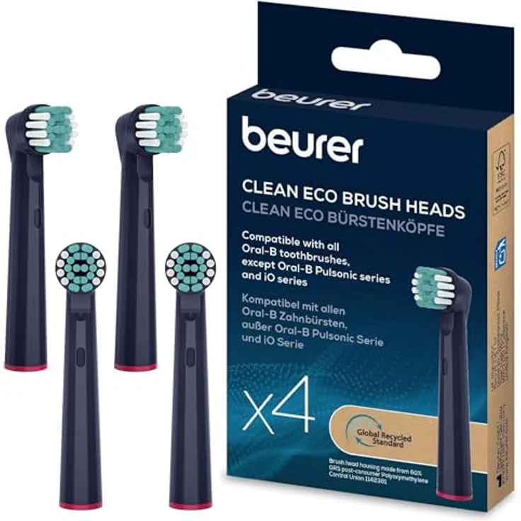 Beurer TB Clean Eco Aufsteckbürsten, 4 Bürstenköpfe kompatibel mit Oral-B, Borsten aus 100% nachwachsenden Rohstoffen, Härtegrad Mittel, effektive Zahnreinigung – Bild 1