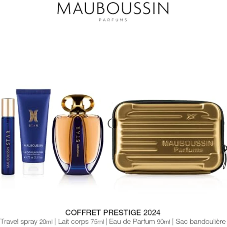 Mauboussin Prestige 2024 Star Set, Eau de Parfum 90 ml, Körpermilch 75 ml, Travel Spray 20 ml, elegante goldene Umhängetasche – Bild 2