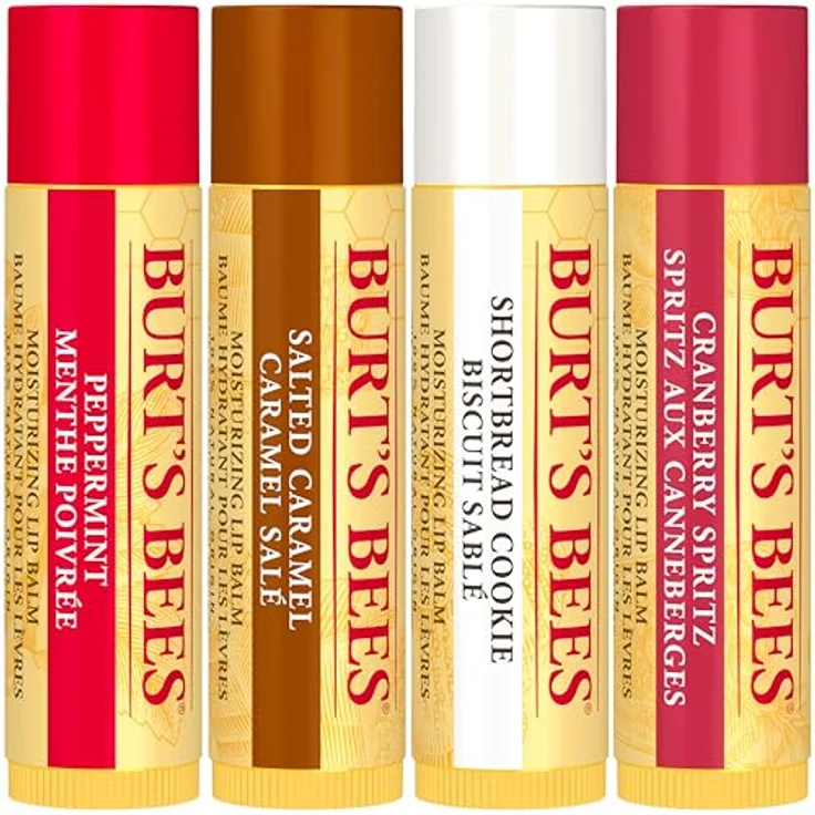 Burt's Bees Geschenkset Lippenbalsam-Set mit Bienenwachs und Vitamin E, 4 Geschmacksrichtungen: Shortbread Cookie, Cranberry Spritz, Salzkaramell, Pfefferminz, 4 x 4,25 g, 100 % natürlich – Bild 3