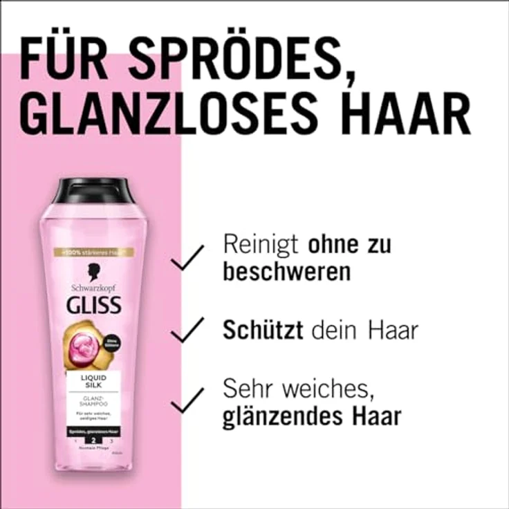 Gliss Kur Liquid Silk Shampoo (250 ml) mit Ceramiden & Seide, Glanz-Shampoo & Express-Repair-Spülung (200 ml) mit Hitzeschutz – Bild 2