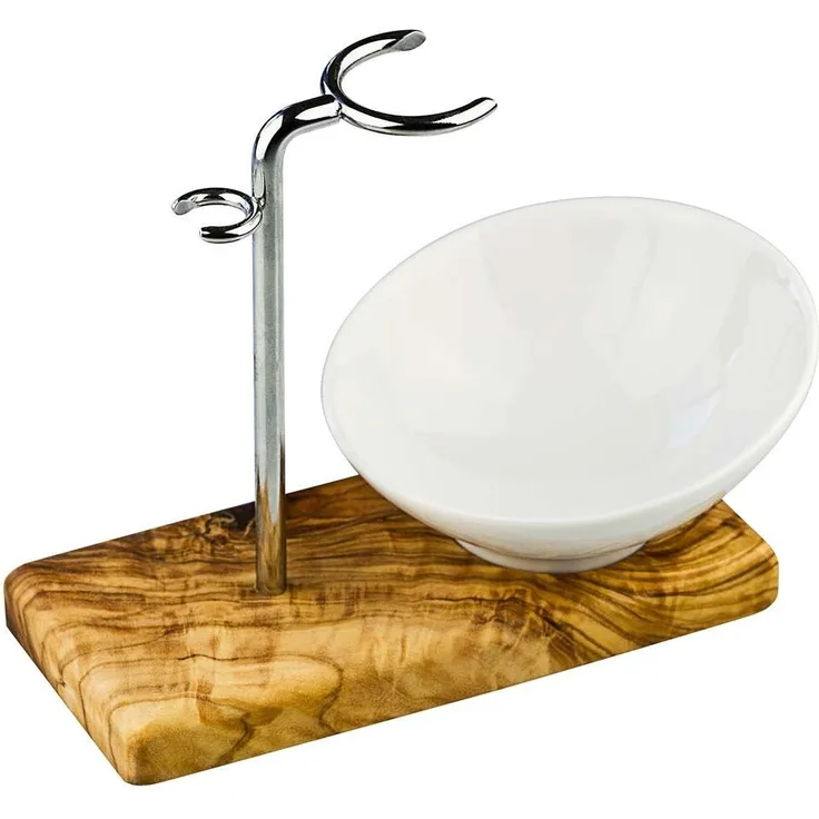 GREENDOOR Rasierpinsel-Set, Rasierpinselhalter aus Olivenholz mit abtropfender Porzellanschale, Edelstahl-Halter