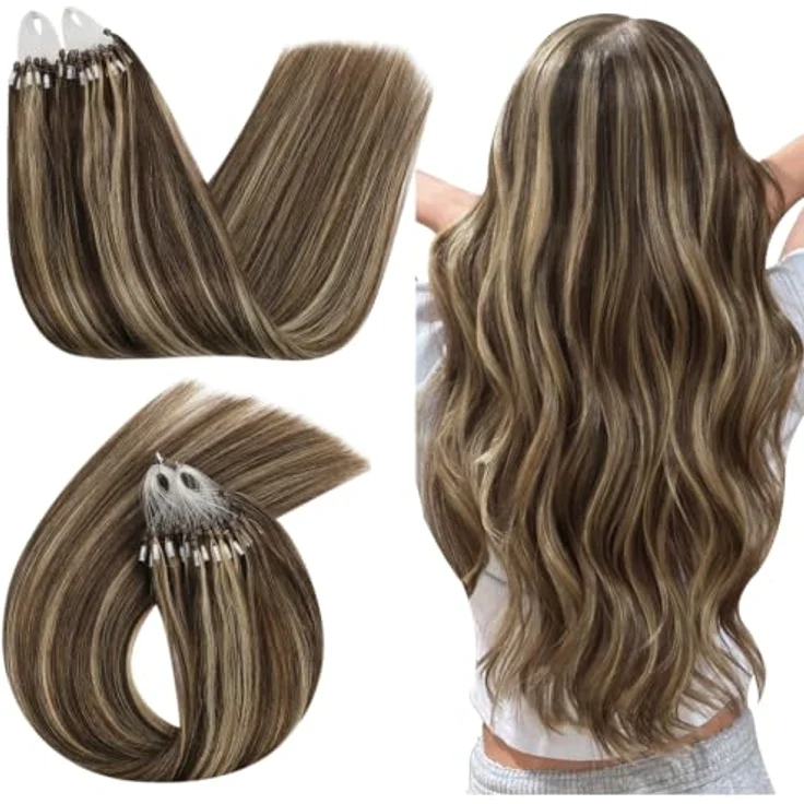 Ugeat Micro Ring Extensions Echthaar Karamellblond, 45 cm, 50 Strähnen, hitzebeständig, nahtlose Integration – Bild 1