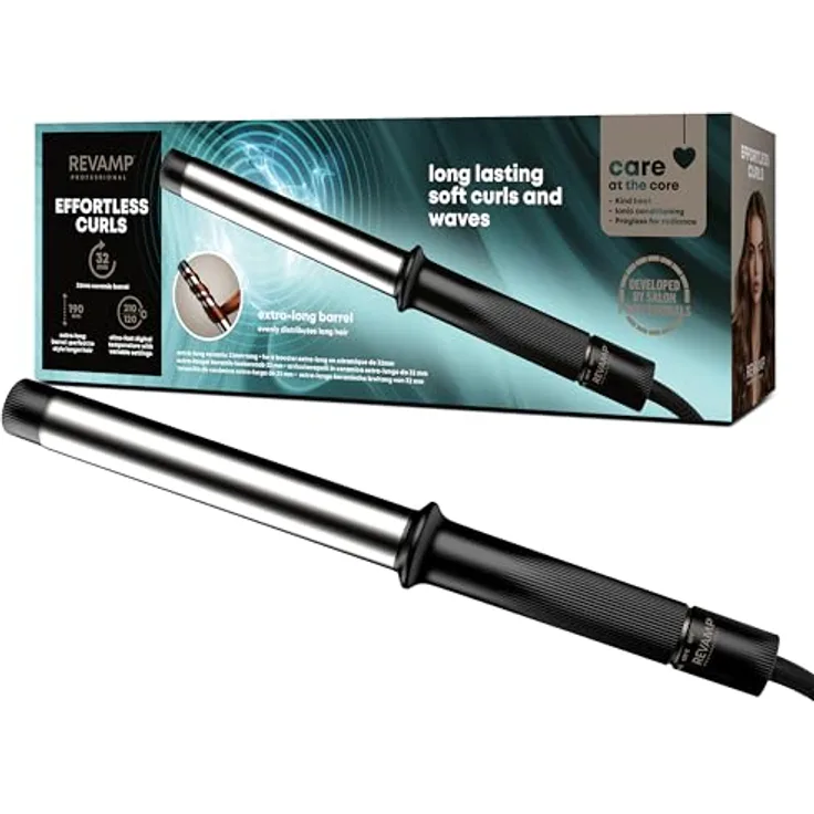 Revamp Professional Effortless Curls 32 mm Lockenstab, extralange Keramik-Tong mit variabler Temperatur 120-210 °C, Progloss™-Öle