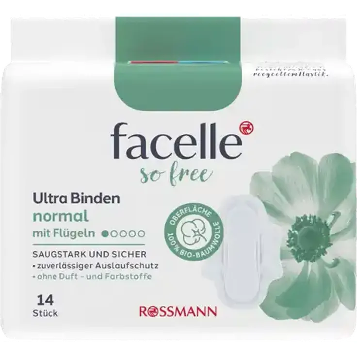 facelle Natural Ultra Binden Normal mit Flügeln – 14 Stück, weich, atmungsaktiv, vegan & dermatologisch getestet, sicherer Auslaufschutz