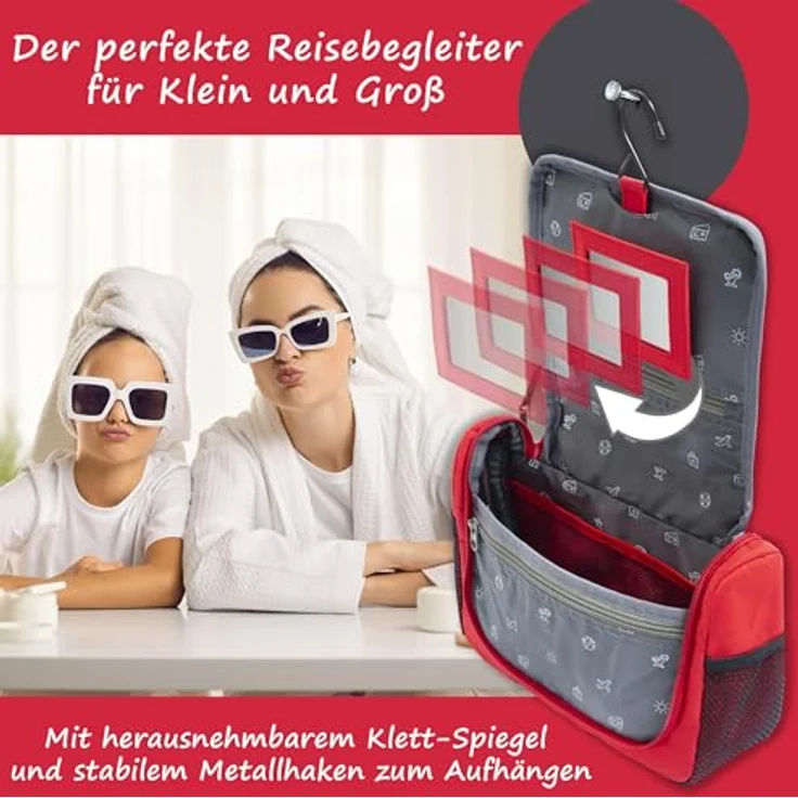 GRINSEZWERGE Kulturtasche Reise Kulturbeutel mit 12 Motiven, 25 x 20 x 8 cm, zum Aufhängen mit Metallhaken, 3 Reißverschluss- & 4 Netztaschen, inkl. herausnehmbaren Spiegel, für Kinder und Erwachsene – Bild 4