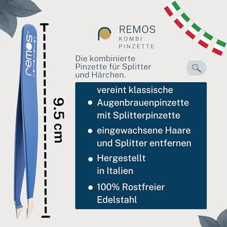 remos professional body care REMOS Kombipinzette 2in1 aus rostfreiem Edelstahl [INOX] in Blau, 9.5 cm für Haare und Splitter – Bild 3