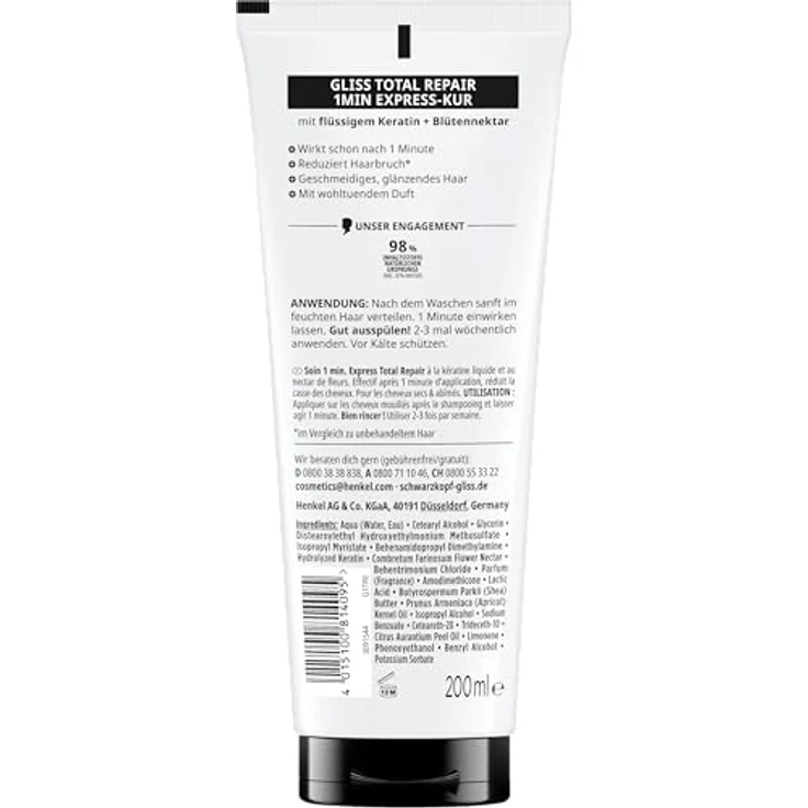 Gliss 1-Minute Intensivkur Total Repair (200 ml), Haarkur mit flüssigem Keratin für trockenes und strapaziertes Haar, repariert Schäden in nur 1 Minute – Bild 3