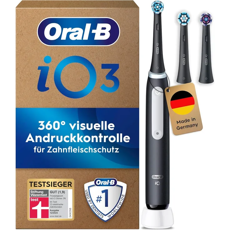 Braun Oral-B iO Series 3 Plus Edition, Elektrische Zahnbürste mit 3 Aufsteckbürsten, 3 Putzmodi, Schwarz