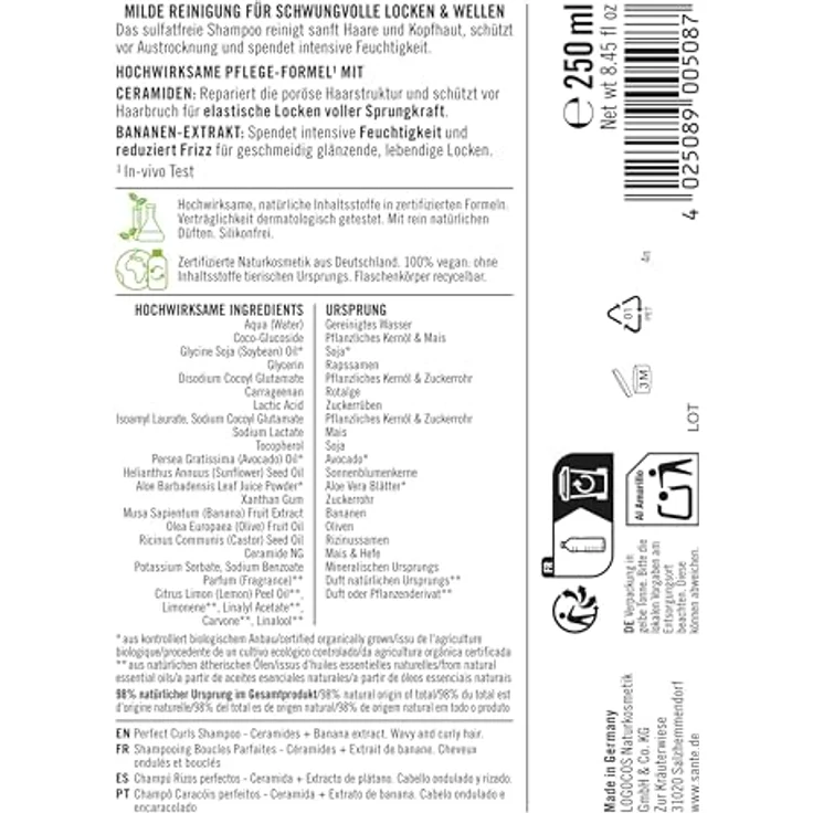 SANTE Perfect Curls Shampoo Ceramide, 250 ml - Haarshampoo mit Ceramiden & Bananen-Extrakt, Anti-Frizz Feuchtigkeitspflege für lockiges & welliges Haar, vegan & sulfatfrei – Bild 2