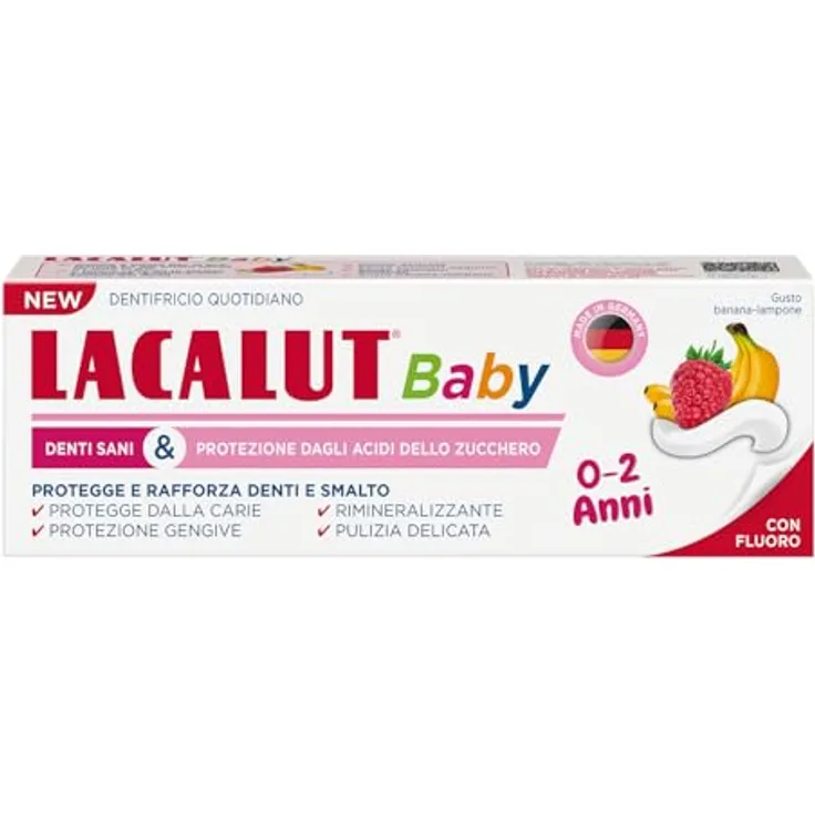 LACALUT Baby Zahnpasta 0-2 Jahre. Tägliche Hygiene Schutz Karies. mit Fluor und Xylit. Himbeer Bananengeschmack. 55ml