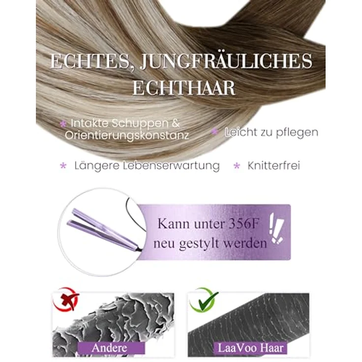 LaaVoo Bondings Extensions Echthaar U-Tip Hot Fusion, Ombre Braun zu Platinblond Balayage, 50cm, 50g, #8/60/8 – Bild 4