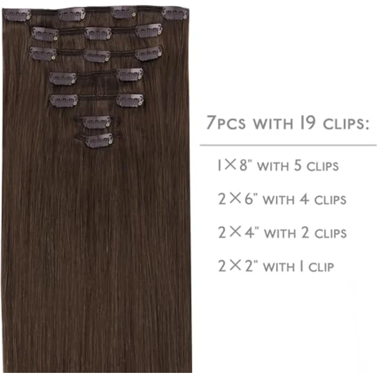 WENNALIFE Clip in Extensions Echthaar, 50cm 120g, 7pcs, Schokoladenbraun, Remy Haarverlängerung mit diskreten Clips – Bild 2