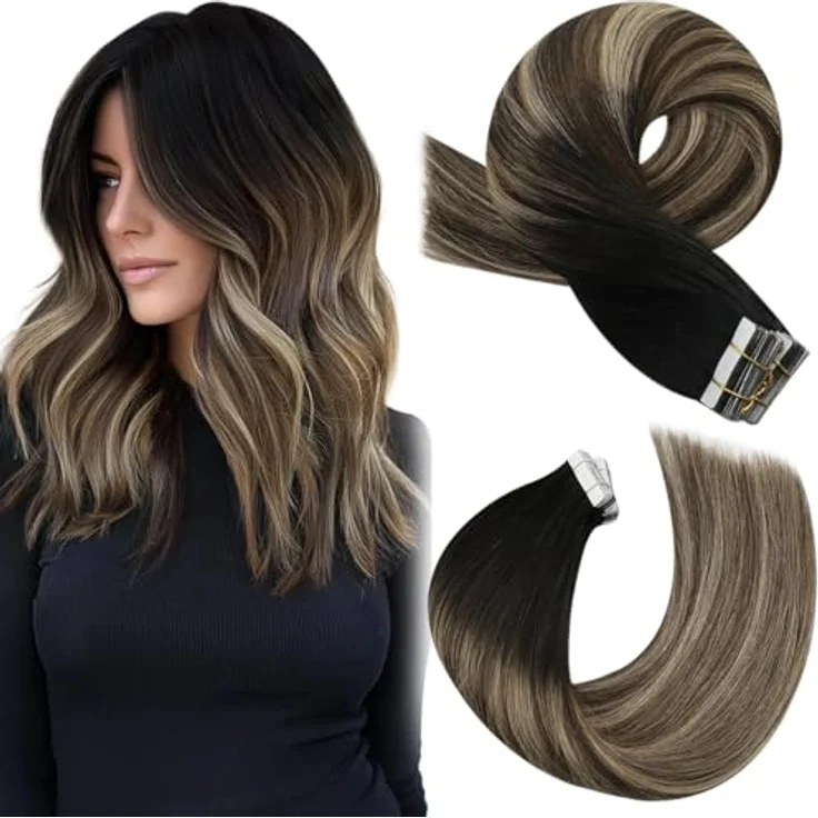 Moresoo Tape Extensions Echthaar #1B/3/27, Schwarz zu Dunkelbraun mit Karamellblond, 20 Stück/50g, 35 cm, unsichtbare Tape in Extensions – Bild 1