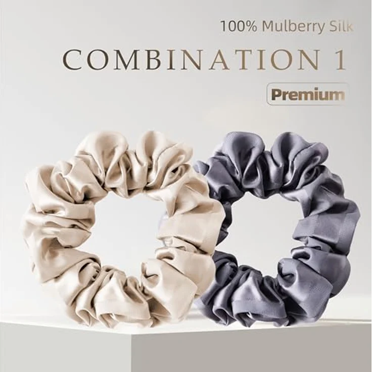 townssilk Seiden Scrunchie 2er-Set, 100% Maulbeerseide 6A/22 Momme, haarschonend & voluminös, OEKO-TEX® zertifiziert, elastisch ohne Abdrücke, coffee & Darkgrey – Bild 3