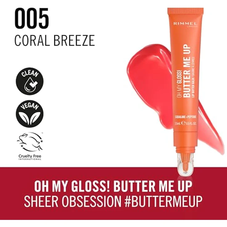 Rimmel Oh My Gloss Butter Me Up, ultra-feuchtigkeitsspendender Lippenbalsam mit Squalan, Farbe Koralle Breeze 005, 15 ml – Bild 2