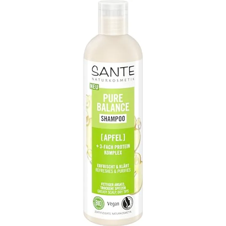 SANTE Naturkosmetik Pure Balance Shampoo Bio-Apfel + 3-Fach Protein Komplex, veganes Haarshampoo für gereinigtes und erfrischtes Haar, spendet trockenem Haar intensive Feuchtigkeit, 250 ml