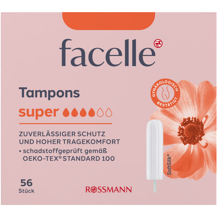 facelle Tampons super, 100% zertifizierte Viskose, Sicherheitskanal, Sensity und softSilk Oberfläche, ohne Tierversuche, ohne chemische Zusätze, gynäkologisch bestätigt