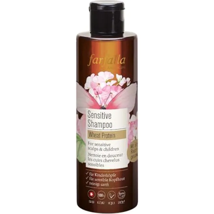 Farfalla Wheat Protein Sensitive Shampoo mit Bio-Rosengeranie für sensible Kopfhaut, 200ml in 100% Recycling-PET Flasche
