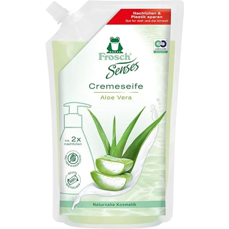 Frosch Senses Cremeseife Aloe Vera 500ml, hypoallergen & pH-hautneutral, vegan, Nachfüllbeutel – Bild 1