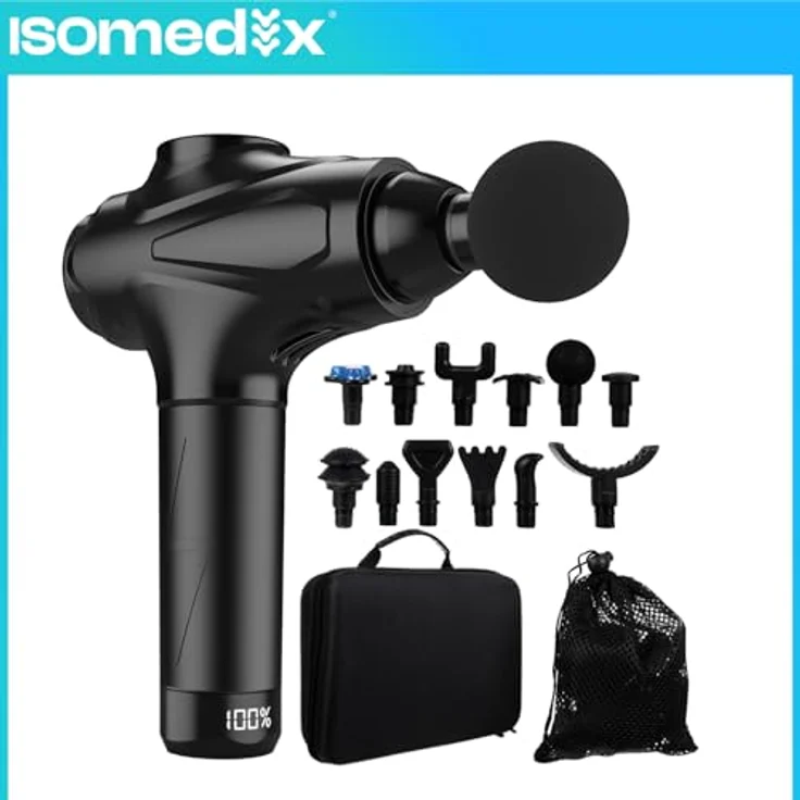 ISO TRADE ISOMEDIX Massagepistole, Schwarz, 30 Intensitätsstufen, 12 Massagaufsätze, ergonomisches Design, leises Arbeiten, Transportkoffer – Bild 4