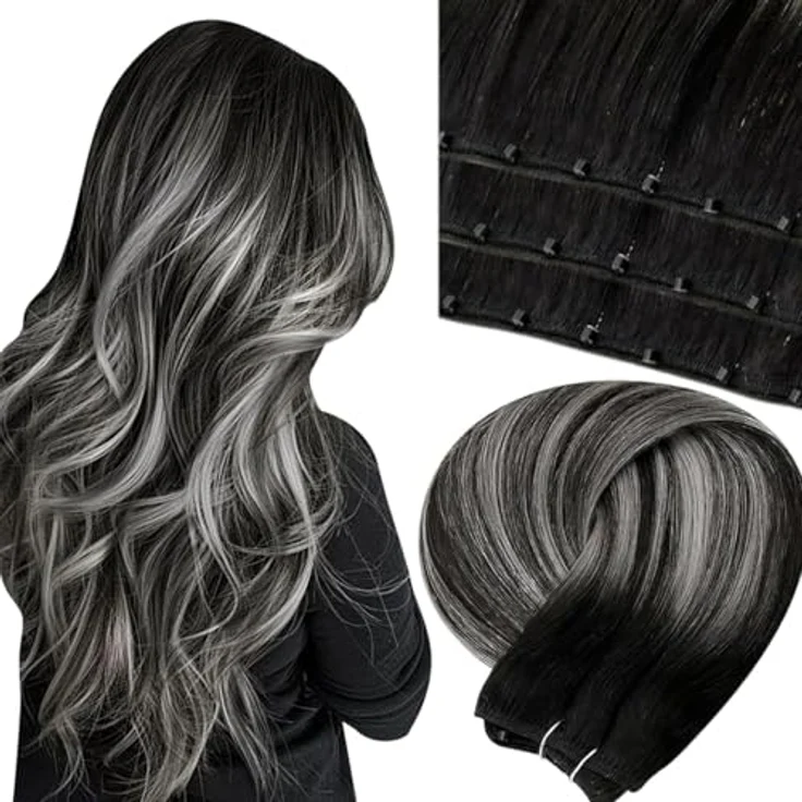 LaaVoo Microweft Extensions Echthaar Balayage Schwarz, EZE Weft 50g, Ombre Silber, 12" Width, 45cm – Bild 1
