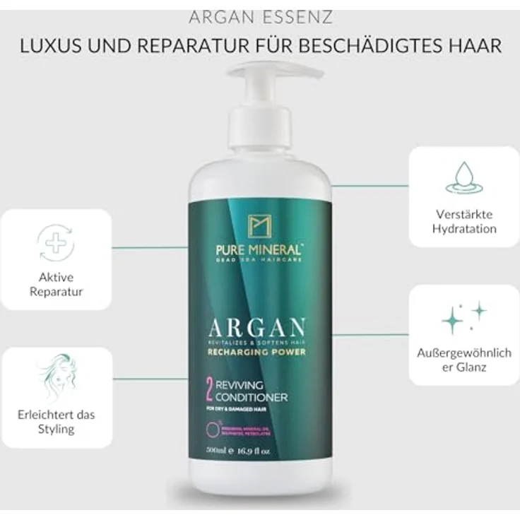 M PURE MINERAL DEAD SEA COSMETICS Pure Mineral Argan-Conditioner, feuchtigkeitsspendend und anti-frizz, 500ml, ohne Sulfate und Parabene – Bild 2