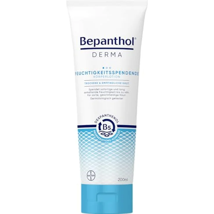 Bayer Vital GmbH Bepanthol Derma Feuchtigkeitsspendende Körperlotion, 200 ml, für trockene und empfindliche Haut, ohne Duftstoffe, dermatologisch getestet – Bild 1