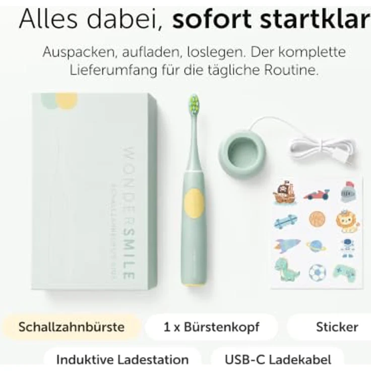 WonderSmile Wondersmile Kids Schallzahnbürste Magic Mint, elektrische Kinderzahnbürste ab 3 Jahren, 2 Putzmodi, Timer, 30 Tage Akku, induktive Ladestation – Bild 9