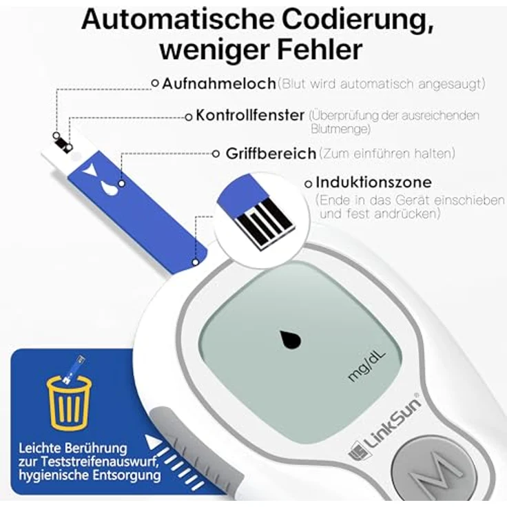 LinkSun Blutzuckermessgerät G-425-3, inkl. 100 Teststreifen & Lanzetten, automatische Aktivierung, kodierungsfrei, 500 Speicherplätze, sanfte Blutentnahme – Bild 4