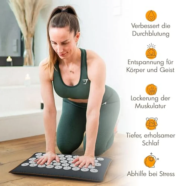 NEOLYMP Akupressurmatte Erweiterung 18 x 30 cm, gefüllt mit Kokosfasern und Buchweizen, inklusive Videoanleitungen, in beige, dunkelgrau, mintgrün und lavendel – Bild 4