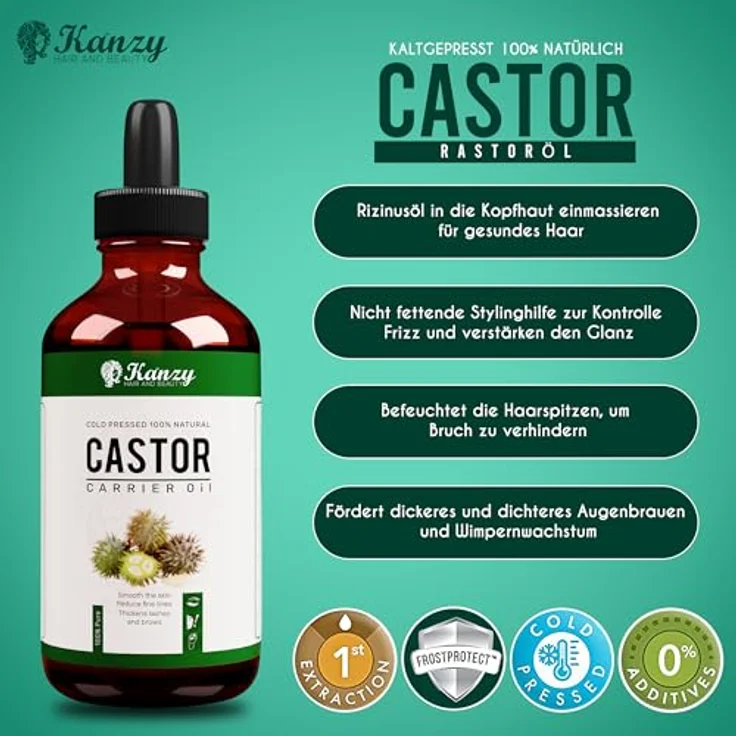 KANZY Rizinusöl Bio Kaltgepresst 100ml, Organisches Rizinusöl für Haarwachstum, Hautpflege, Wimpern und Augenbrauen, reich an Vitamin E und Omega-6-Fettsäuren – Bild 4