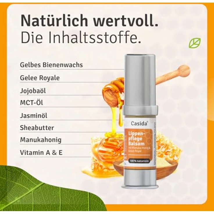 Casida Lippenpflegebalsam mit Manuka Honig und Geleé Royal, 100% natürlich, vegan, 5ml – für trockene, rissige Lippen, pflegend und schützend – Bild 2