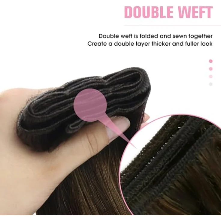 YoungSee Echthaar Tressen 35cm, Braun Ombre, 70g Weave Extensions, Remy Glatt für Damen, verwicklungsresistent, eingenähte Befestigung – Bild 5