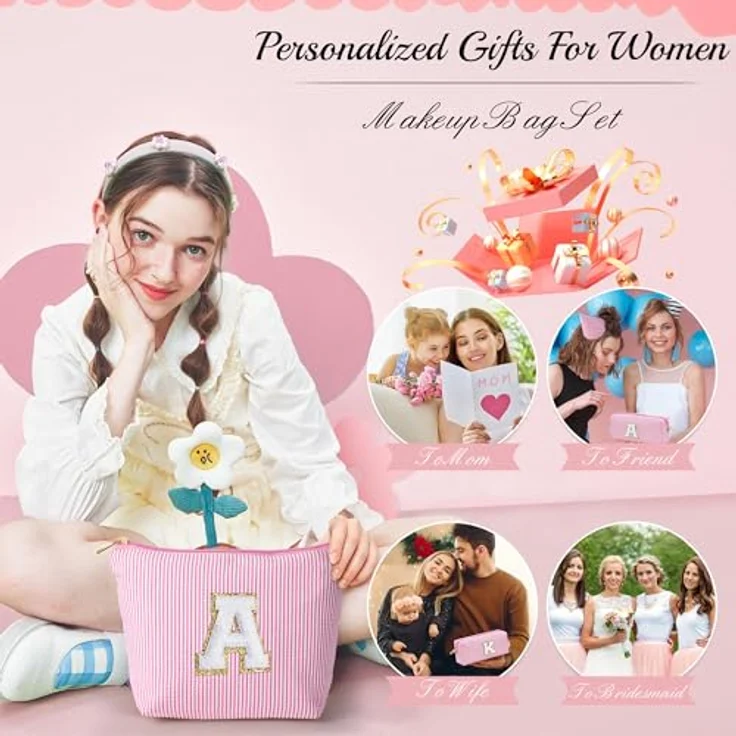 Parima Buchstaben Kosmetiktasche Mädchen - 2er Set Rosa mit Buchstaben C, große und kleine Make-up-Tasche mit praktischem Tragegriff und mehreren Fächern – Bild 3