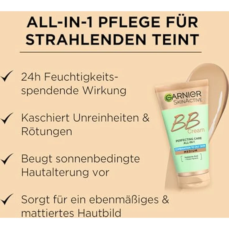 Garnier Miracle Skin Perfector BB Cream Matt Effect, getönte Gesichtscreme für Misch- und ölige Haut, Farbe Mittel, mit Lichtschutzfaktor 25, ölfrei, mit Hyaluronsäure und Aloe Vera – Bild 5