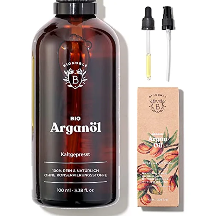 Bionoble Arganöl Bio 100ml - 100% Rein, Natürlich und Kaltgepresst - Gesicht, Körper, Haar, Bart, Nägel - Vegan und Cruelty Free - Argan Oil - Glasflasche + Pipette + Pumpe