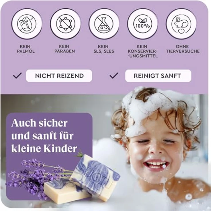 lubiu Lavendelseife 2 x 100g, handgemachte Naturseife ohne Palmöl, für alle Hauttypen, feuchtigkeitsspendende Duftseife, vegan, papierverpackt – Bild 5