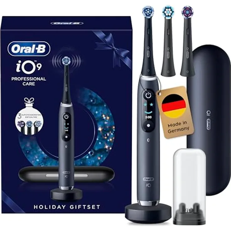 Oral-B iO Series 9 Elektrische Zahnbürste mit 3 Aufsteckbürsten, 7 Putzmodi, interaktivem Farbdisplay und Lade-Reise-Etui, Schwarz