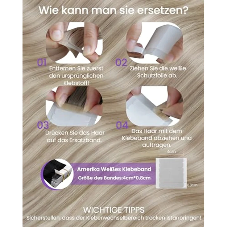 LaaVoo Tape in Extensions Echthaar 60cm, Ashblond Hellblond, Remy Haarverlängerung mit verbesserter Klebetechnik, 20 Stück, 50g – Bild 5
