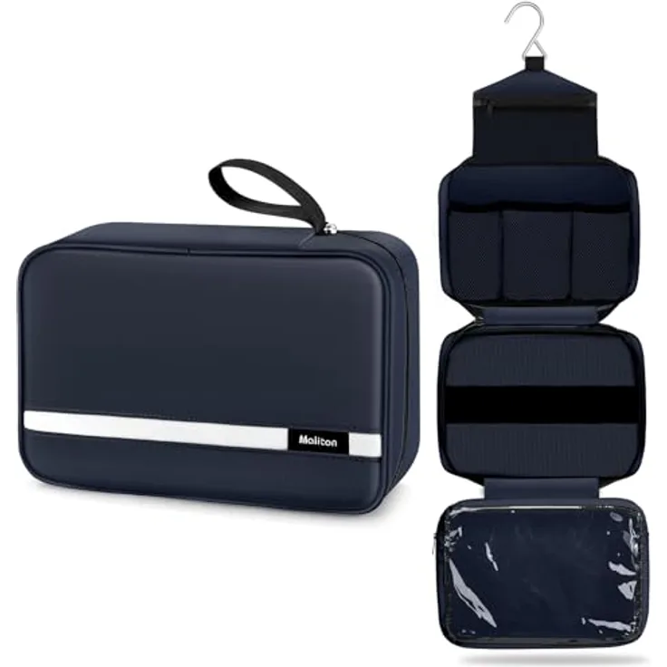 Maliton Kulturbeutel zum Aufhängen, wasserdicht, große Reisetasche mit 4 Fächern, faltbar und kompakt, navy blue