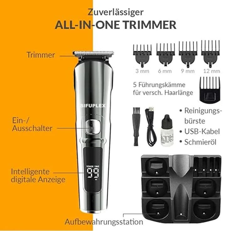 Sifuplex PrimeCut Pro Barttrimmer, Multifunktionstrimmer mit 5 Aufsätzen, Präzisions-Trimmer für Bart & Haare, 180 Minuten Akku, Edelstahl-Präzisionsklingen – Bild 4