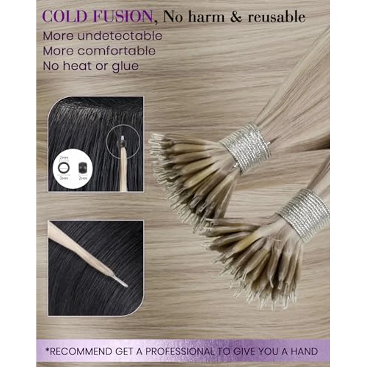 LaaVoo Nanoring Extensions Echthaar, 50cm aschblond-hightlighted, gebleichtes Blond, 50g, unsichtbare Mikro-Ringe, Remy-Echthaar, wiederverwendbar – Bild 3