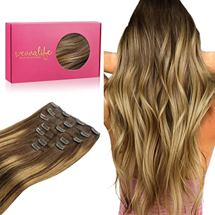 WENNALIFE Clip in Extensions Echthaar 45cm 120g 7pcs Balayage Schokoladenbraun bis Karamellblond Remy Hair Extensions – Bild 1