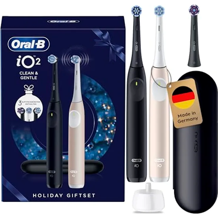 Oral-B iO Series 2, Elektrische Zahnbürste DUO Pack mit 2 Handstücken, 3 Aufsteckbürsten, Reise-Etui, 3 Putzmodi, Schwarz/Pink