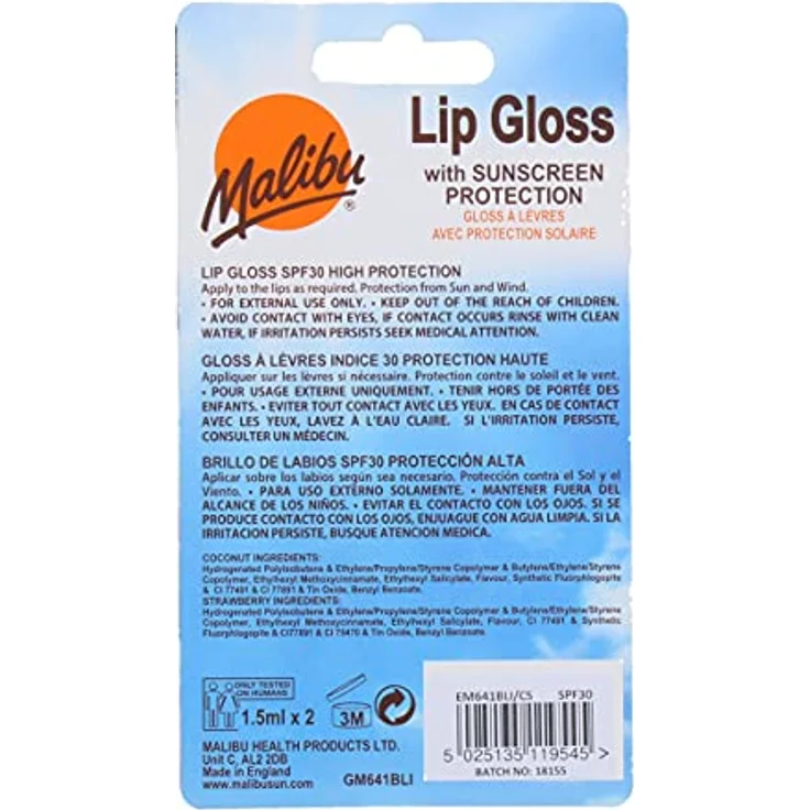 Malibu Sun and Wind Resistant Lipgloss mit LSF 30 Sonnenschutz, 2er Pack (2 x 1,5 ml) Coconut and Strawberry – Bild 2