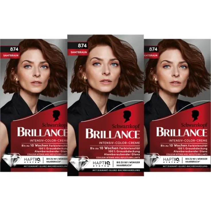 Brillance Intensiv-Color-Creme 874 Samtbraun Stufe 3 (3 x 160 ml), dauerhafte Haarfarbe mit Diamant-Glanz-Effekt & Pflege-Conditioner, 10 Wochen Farbintensität